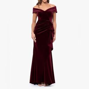 XSCAPE Plus Size “Alana” Long Off-the-Shoulder Velvet Ruffle Dress Burgundy